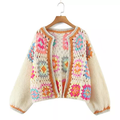 Women Crochet Square Handmade Knitted V-neck Short Sweaters Retro Coats Cardigan • $65.17