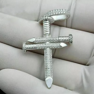 3.20Ct Round Lab Created Diamond Men's Nail Cross Pendant 14k White Gold Plated • $183.01
