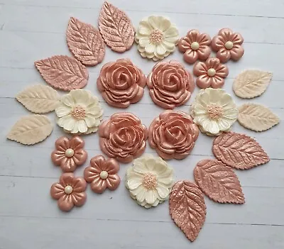 ROSE GOLD Flowers & Leaves fondant Cupcake Toppersweddingbirthday Decorations • £12.95