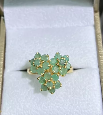 14k Solid Yellow Gold 3 Flowers Ring Natural Emerald 3.70 Grams. Sz 7.25 • £281.07