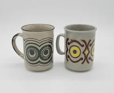 Pair Of Vintage Otagiri Speckled Stoneware Coffee Mug Cup MCM Abstract Owl Eyes  • $37.39