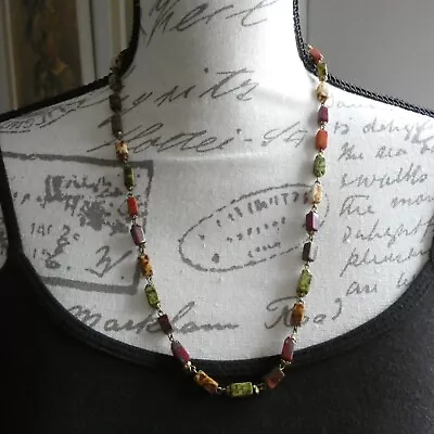 Vintage Necklace Beaded Glass Faux Scottish Agate Stone Rectangular Retro Earthy • £12.99