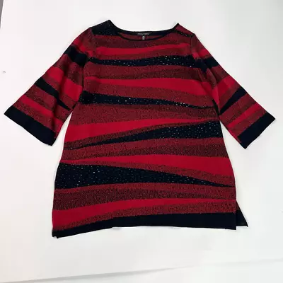 Ming Wang Tunic Sweater Womens 1X Black Red Embellished 3/4 Sleeve • $45