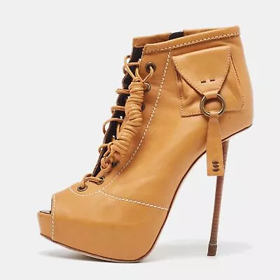 Giuseppe Zanotti Light Brown Leather Peep Toe Lace Up Ankle Boots Size 36 • $378