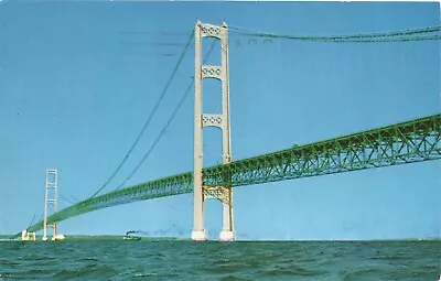 Postcard MI Mackinaw Straits Bridge 1960 Smoke Stack In Background Great Lakes • $5.99