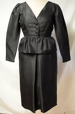 Vtg Saks 5th Morton Myles For Warrens Black Silk Dupioni Peplum V Neck Dress-6 • $39.99