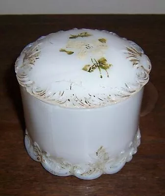 Vintage Covered Vanity Trinket Box - Painted Milk Glass - Round Powder Jar • $9.99