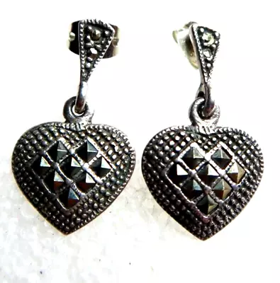 Vintage Art Deco Sterling Silver Marcasite Heart Pierced Dangle Earrings~1  Long • $19.99