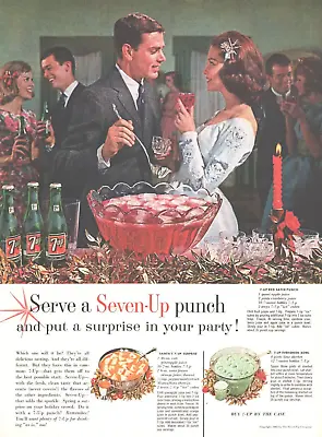1962 Seven Up Soda Vintage Print Ad Christmas Party Punch Bowl Candles Couple • $8.99
