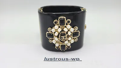 Chanel Gold Crystal Black Resin/Pearl Encrusted Clamper Cuff Bracelet Pearl • $1547.97