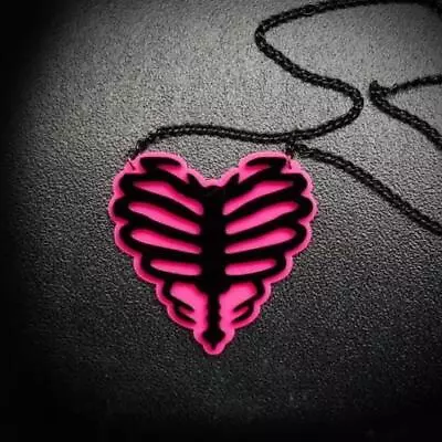 SKELETON HEART NECKLACE 2.75  Hot Pink Black Acrylic Pendant Ribcage Halloween • $11.95