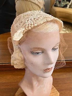 VTG 1940s - 1950s Ivory Floral Lace Hat W/Netting By  French Room  The Dayton Co • $34.99