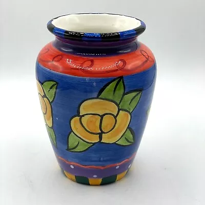 Milson & Louis Hand Painted Flower Vase Cobalt Blue Yellow Flowers Red Rim 6  • $20