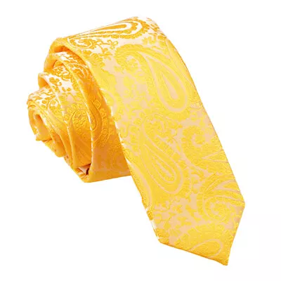 Gold Skinny Tie Woven Floral Paisley Mens Formal Wedding Necktie By DQT • £7.99