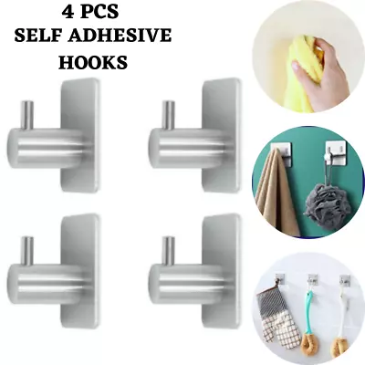 £5.89 • Buy 4PCS Self Adhesive Hooks Stainless Steel Strong Sticky Stick On Wall Coat Holder