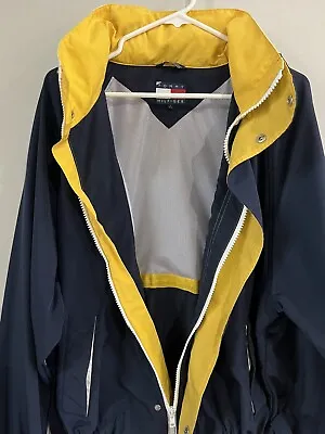 90s Tommy Hilfiger Windbreaker  Vintage Hooded Jacket Large Navy Yellow • $19.99