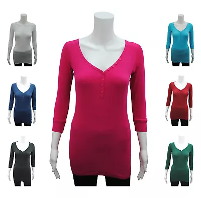 £5.99 • Buy P.C Womens Long T-Shirt Top 3/4 Sleeve Ribbed Button Up Size 6 8 10 12 14 16 18