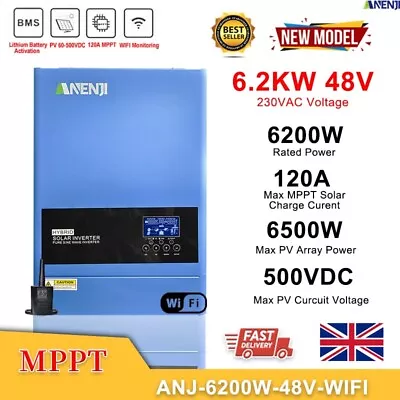 6200W Hybrid Solar Inverter Off-Grid MPPT 120A Charger 220V 500V Pure Sine Wave • £330.41