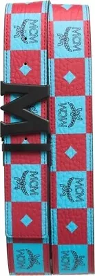 MCM Checkerboard Visetos Claus Blue Red Belt Men’s NWT Adjustable $390 • $170