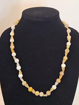 Vintage Silver Tone Natural Yellow Orange & White Quartzsite Beaded Necklace • $7.99