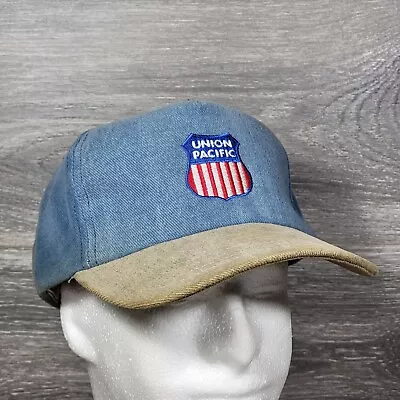 VTG Union Pacific Railroad Strapback Hat Cap Adjustable Denim Blue Tan USA Train • $21.99