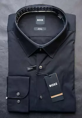 Hugo Boss Men's Hank Kent Easy Iron Slim Fit Black Cotton Dress Shirt 44 17.5 • $64.79