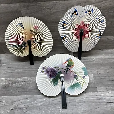 Vintage Folding Japanese Paper Fans - Butterflys Birds Flowers Set Of 3 • $19.99