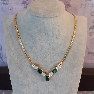 Pretty Gold Plated V Shape Necklace Green And Clear Rhinestones Christmas Glam • £9.99