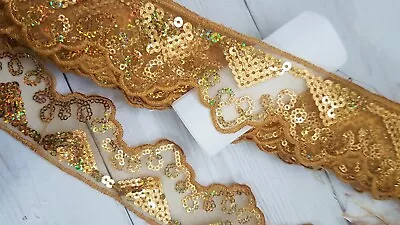 £2.85 • Buy 5cm Gold Hologram Sequin Silver Braid Trim Indian Arabic Ribbon Lace 