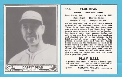 1940 Playball Reprint # 156 Daffy Dean-- New York Giants • $5