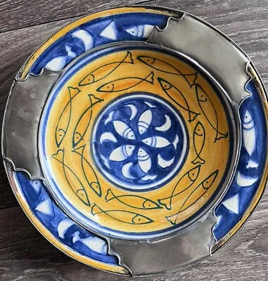 Safi Signed Vintage Moroccan Hand Painted Fish Pottery Wall Plate Bowl Metal Rim • $85