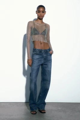 £32.99 • Buy Zara Crystal Silver Rhinestones Mesh Shiny Crop Top Cropped Size 6-8 (s)