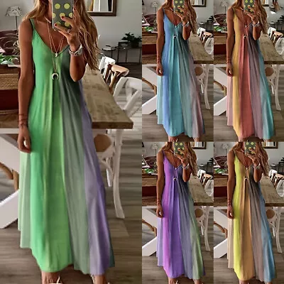 Women Summer Beach V Neck Maxi Dress Boho Tie Dye Ladies Strappy Long Sundress • £12.39