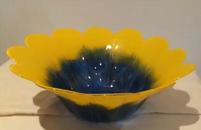 Glass Hand Painted Blue And Yellow Flower Shaped Bowl/Floating Candle Holder • £10.50