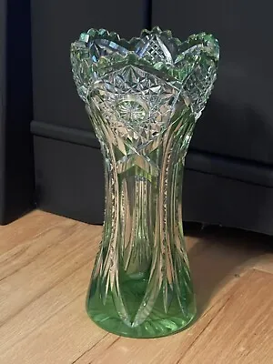 Cut Glass To Clear Green Corset Vase Bohemian ? Val Lambert? Sawtooth 9 7/8” • $849.99