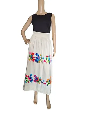 Vintage Mexican Colorful Bird Embroidered Otoni Peasant Ethnic Linen Skirt • $249.31