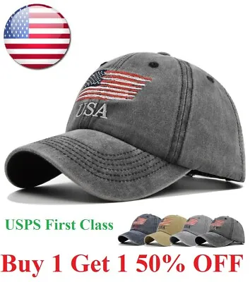 US Flag Dyed Washed Retro New Plain Polo Patriotic Baseball Cap Hat Men Women • $10.95