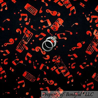 BonEful Fabric FQ Cotton Quilt VTG Black Red BATIK Music Note Jazz Band Clef Dot • $6.47