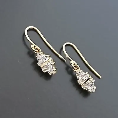 18ct Yellow Gold Hook Drop Earrings With Trilliant Cut Cubic Zirconias Not Scrap • £301.16