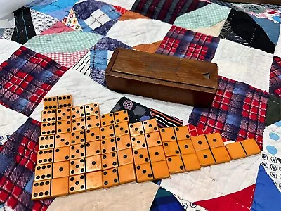 Vintage 1930’s Butterscotch Bakelite Orange Dominoes With Handmade Wood Box • $120