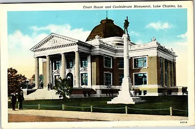 Vintage Postcard Court House Civil War Monument Lake Charles Louisiana • $5