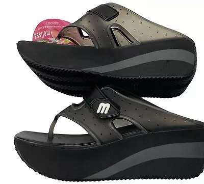 Melissa Brazilian Black  Grendene Rock Thong  Wedge Sandals Platform Shoes 9 • $34.99