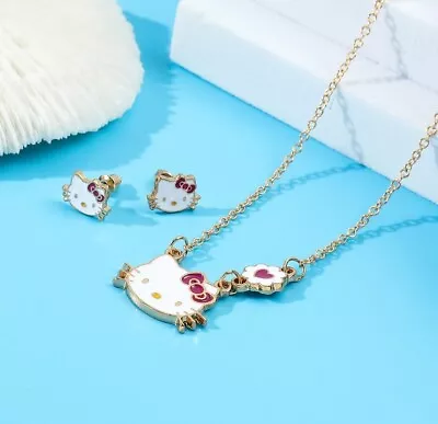 Gold Red Bow Love Heart White Hello Kitty Cat Jewelry Set: Necklace & Earrings • $13.99