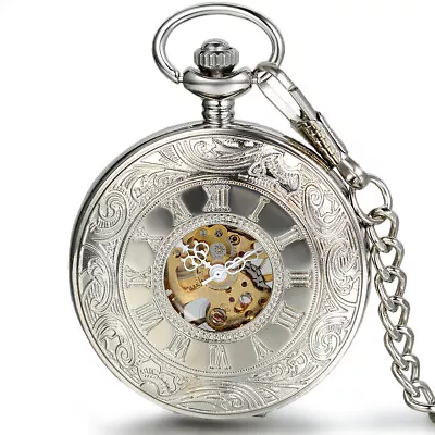 Portable Hand-winding Mechanical Skeleton Roman Numberals Carved Pocket Watch • $16.99