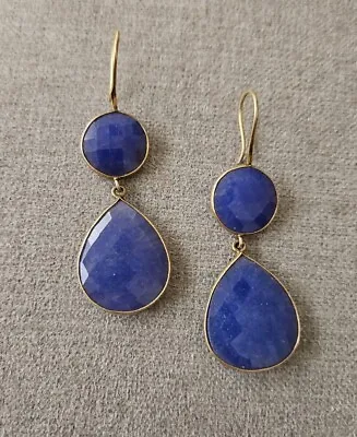 Vintage Faceted Lapis Lazuli? Long Drop Sterling Gold Wash Dangle Earrings • $32