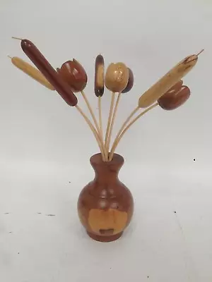 Wooden Flower Vase Tulips Yew Handcrafted Solid Wood Art 15  Tall Treen Decor • £9.99