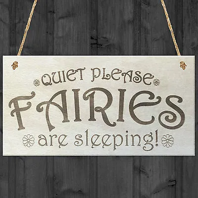 Quiet Please Fairies Are Sleeping Wooden Hanging Plaque Garden Sign Fairy Gift • £3.99