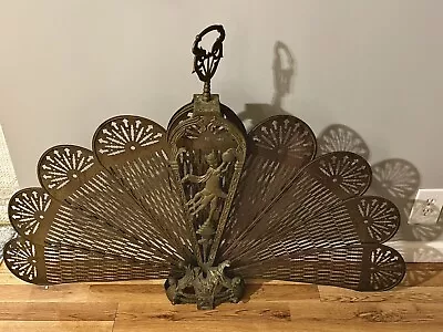 Vtg Art Deco Brass Peacock Cherub Fireplace Screen 32  Tall • $100
