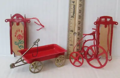 LOT OF 4 VINTAGE TIN CHRISTMAS ORNAMENTS Wagon Bicycle Sled BB2 • $5