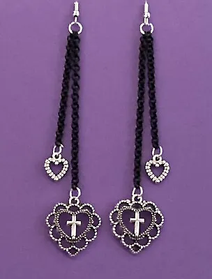 £4.25 • Buy Handmade  Double Long Drop Black Chain Gothic Earrings & Silver Hearts And Cross